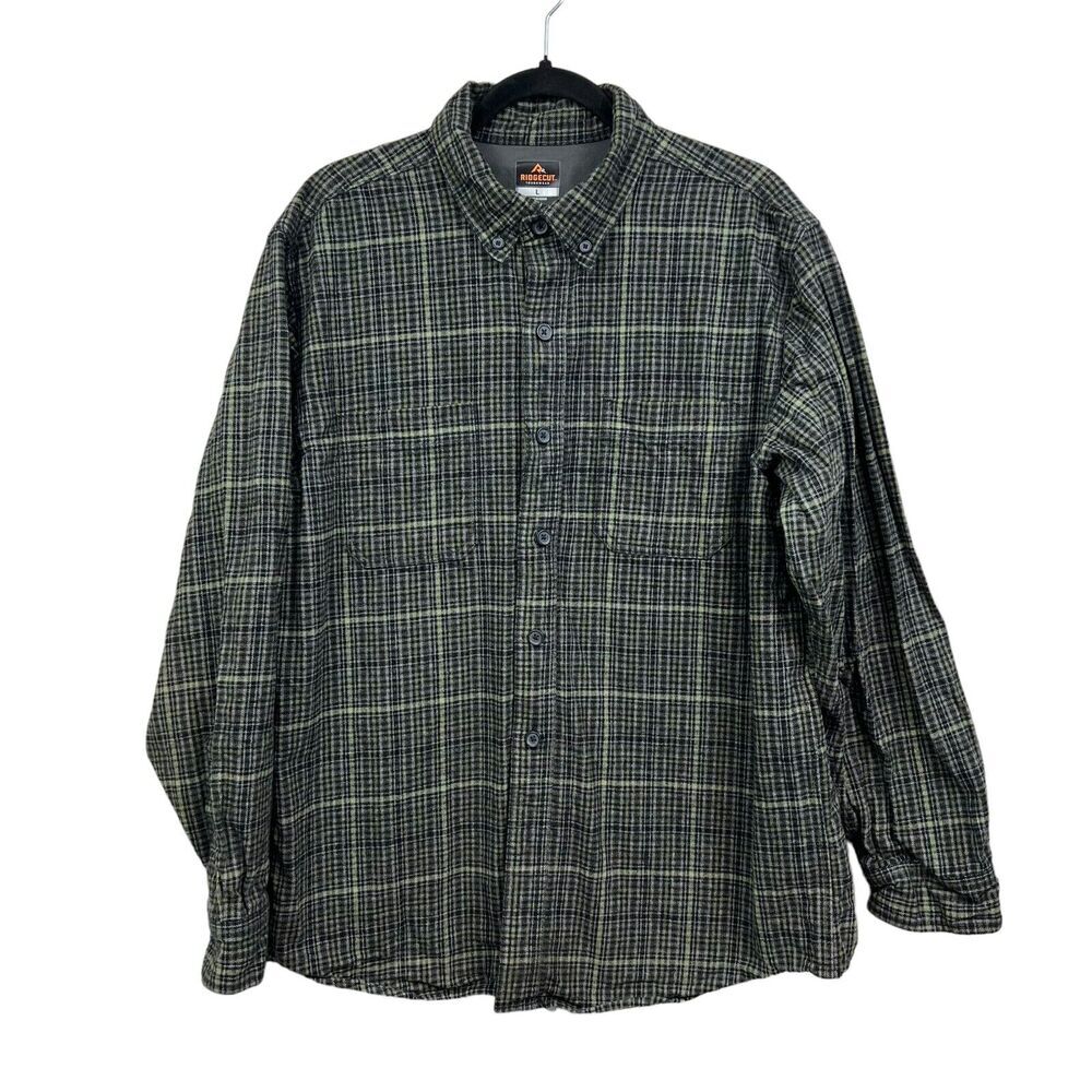 Ridgecut Mens Flannel Shirt Toughwear Button Down Pockets Plaid Green Black  L*